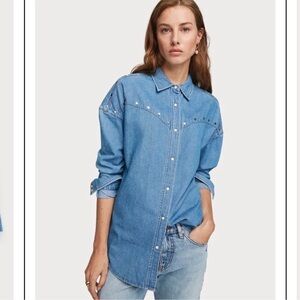 Scotch & Soda The Western Shirt Pearl Snap Silver Studded Long Sleeve Size XL